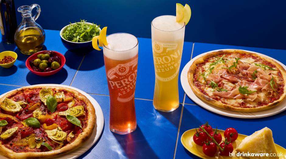 two different peroni cocktails and 2 pizzas at the House of Peroni pop up Covent Garden