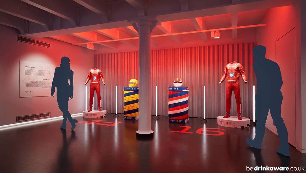 Render of the House of Peroni pop up in London with Scuderia Ferrari team racing suits and helmets on display