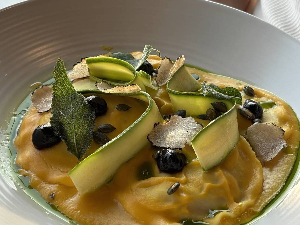 Squash ravioli with black garlic and truffle at Escapade's restaurant, The Gallery