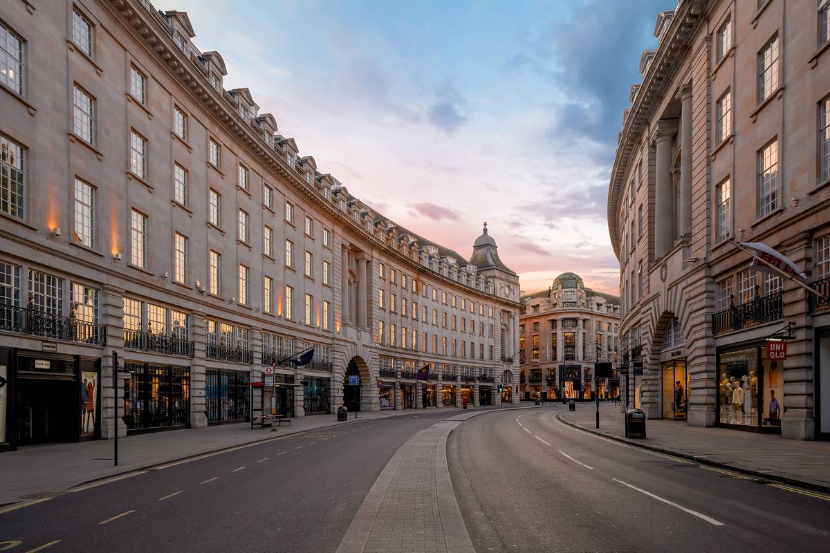 An empty Regent Street at dusk