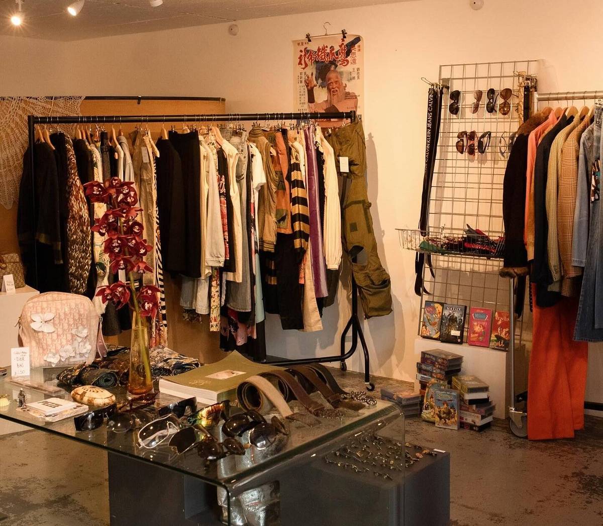 Clothes and accessories on display at Pezze Vintage shop in Hackney, London.