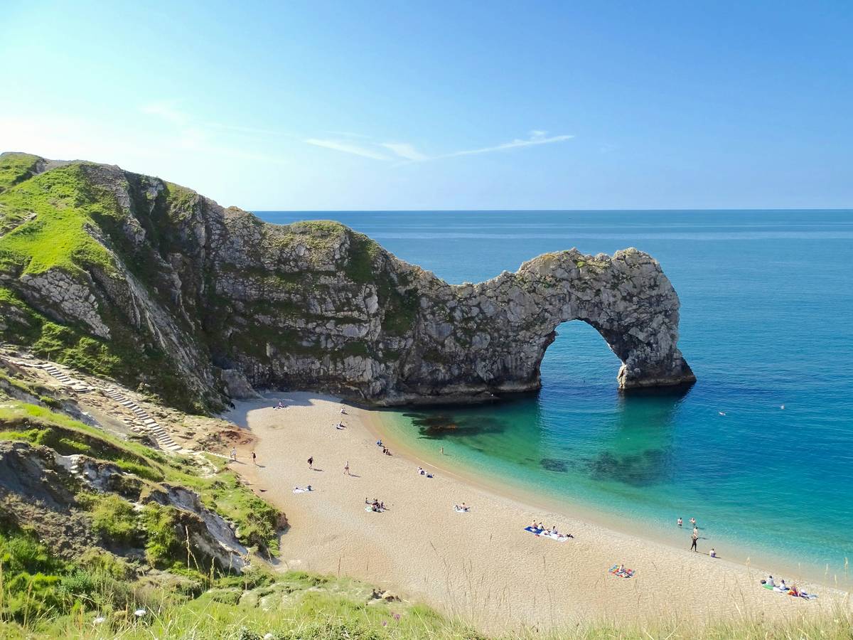 Durdle Door’s famous limestone arch jutting out into the sea