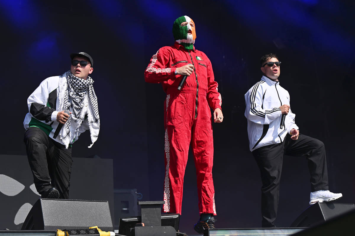 Mo Chara, DJ Provaí and Móglaí Bap of Kneecap during day four of Glastonbury festival 2025 at Worthy Farm, Pilton on June 28, 2025 in Glastonbury, England