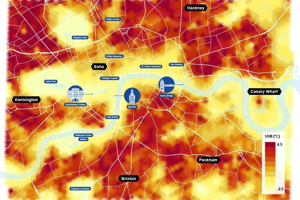 Un mapa de Londres con las zonas más calurosas