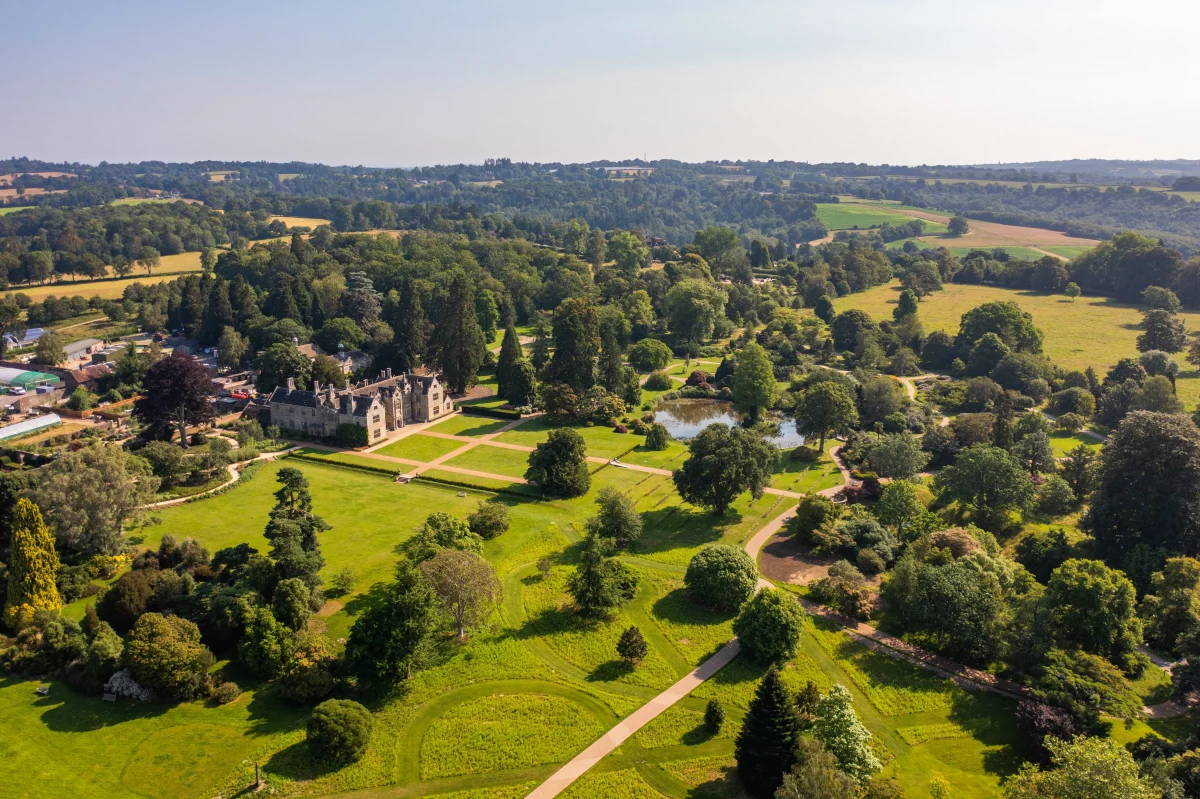 drone shot of mansion gardens at kew