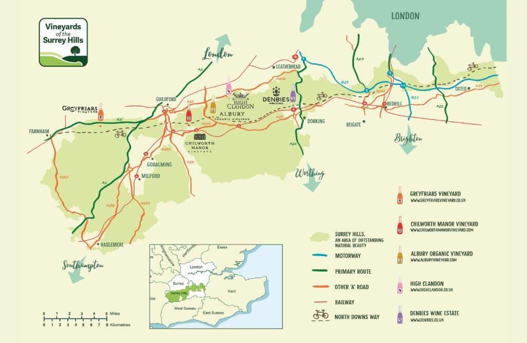 A map detailing the wine route of the Vineyards of the Surrey Hills