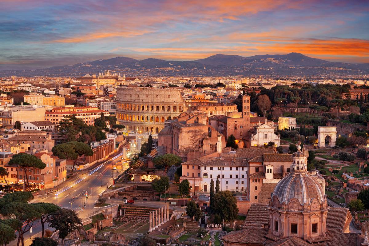 A view towards the Colosseum in Rome at sunset