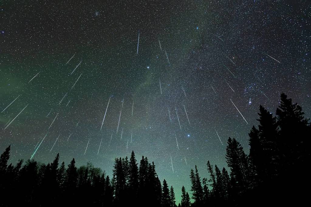 Meteor shower with 47 meteors falling through a star filled sky above a silhouette treeline of spruce and pine trees. The sky is pale green from a dis