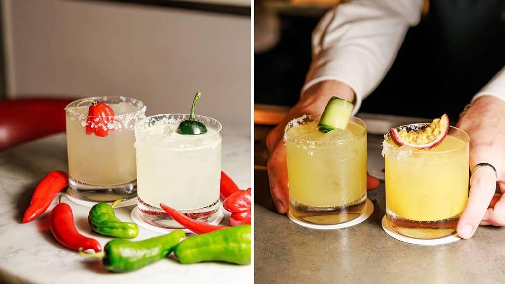 Ein geteiltes Bild zeigt vier verschiedene Margaritas, jede gekrönt von einer anderen Chilischote oder einer Fruchtscheibe