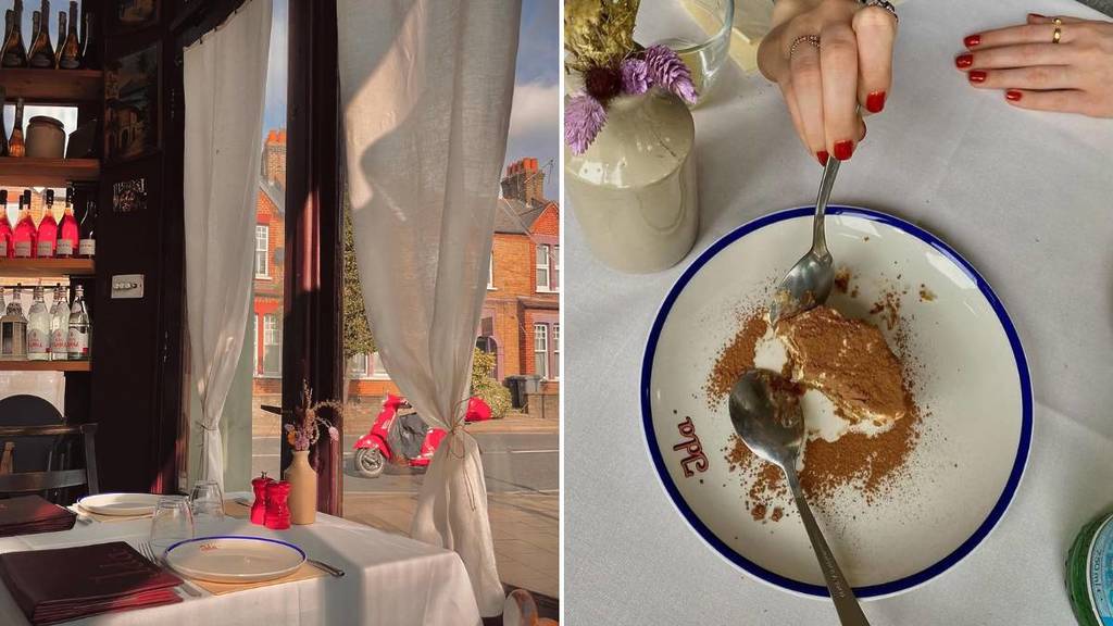 Una mesa junto a la ventana en el interior de Ida (izquierda) / alguien saboreando un plato de tiramisú (derecha)