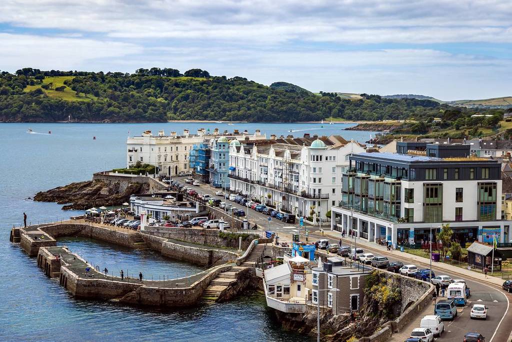 Coastal view out to Plymouth Sound from Plymouth Hoe in Devon, England, U