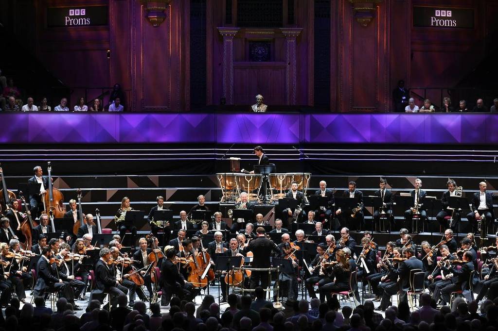 Orchestral performance at the BBC Proms inside the Royal Albert Hall in London.