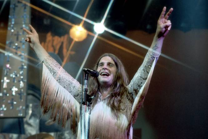 Ozzy Osbourne on stage in 1974 with Black Sabbath at Los Angeles