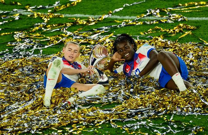 Chloe Kelly and Michelle Agyemang following England's victory against Spain