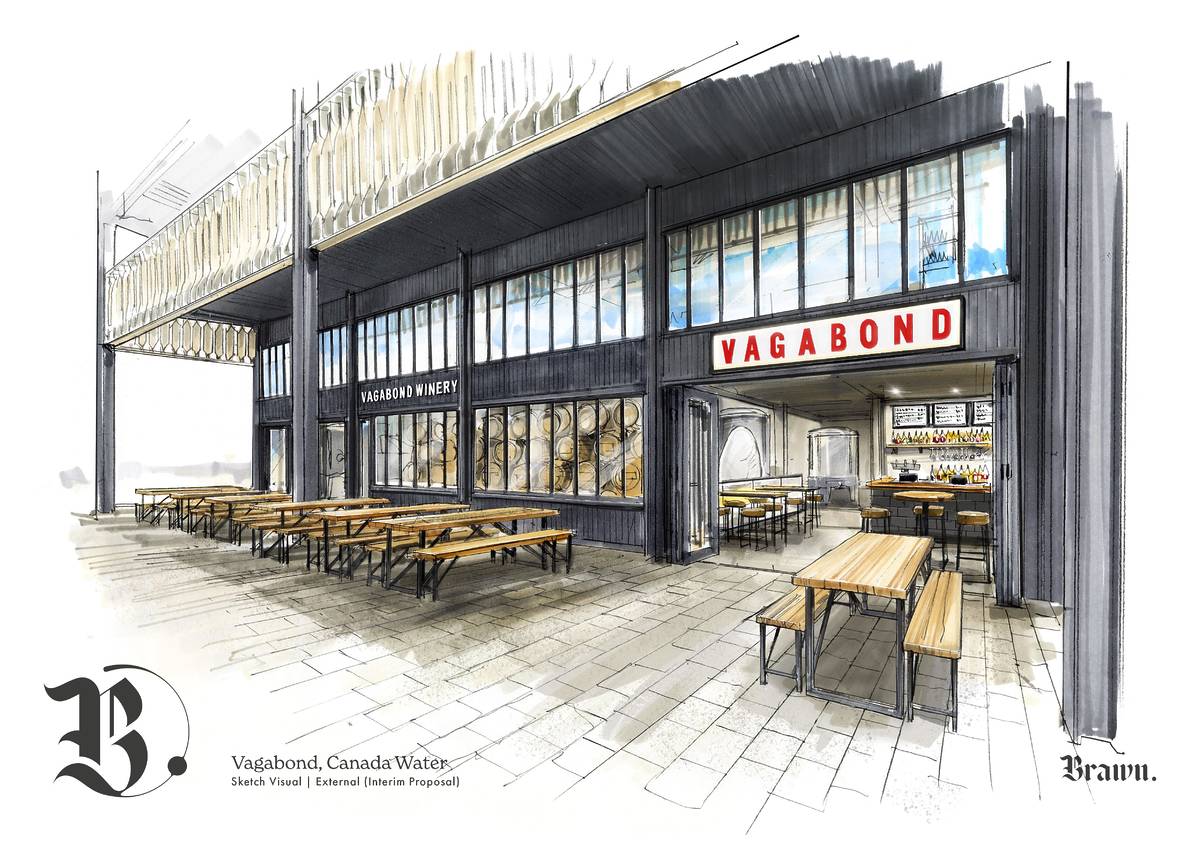 A mock up image of the exterior of Vagabond's urban winery