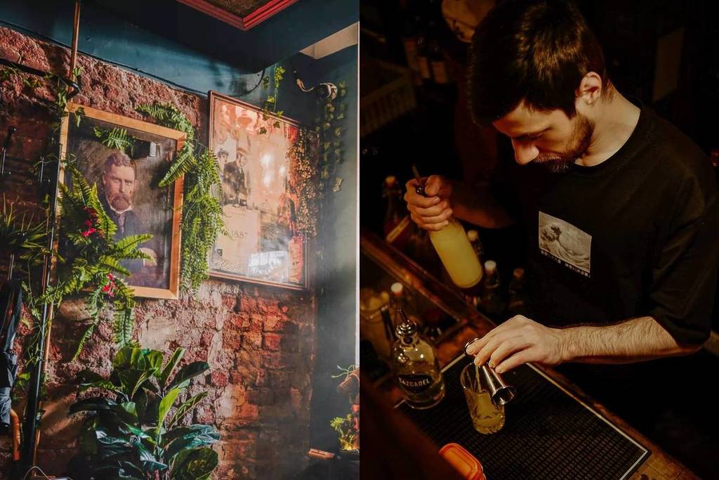 uma imagem em ecrã dividido que mostra pinturas e plantas numa parede de tijolo e um barman a preparar uma bebida