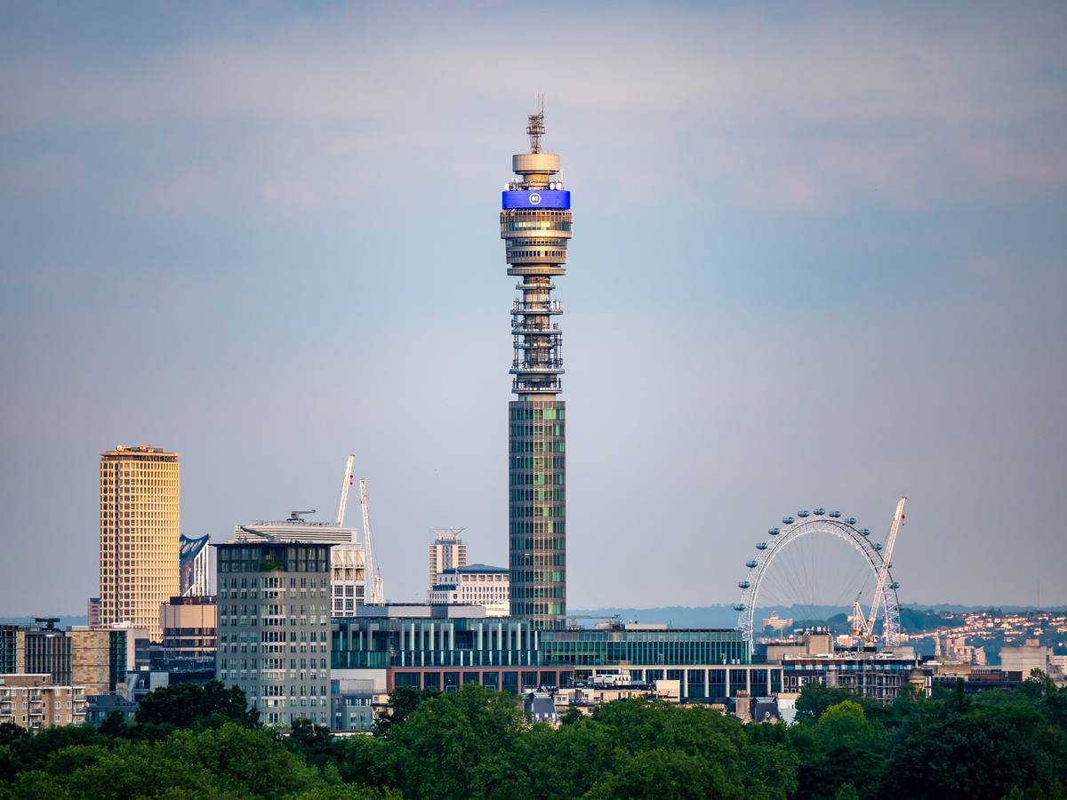 The BT Tower and the London eye at dusk