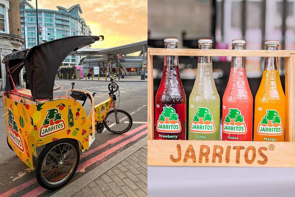 une image en split screen montrant un rickshaw de la marque jarritos dans les rues de londres, et des bouteilles de soda jarritos