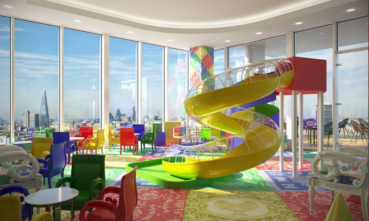 a play area with a slide designed by versace in a penthouse