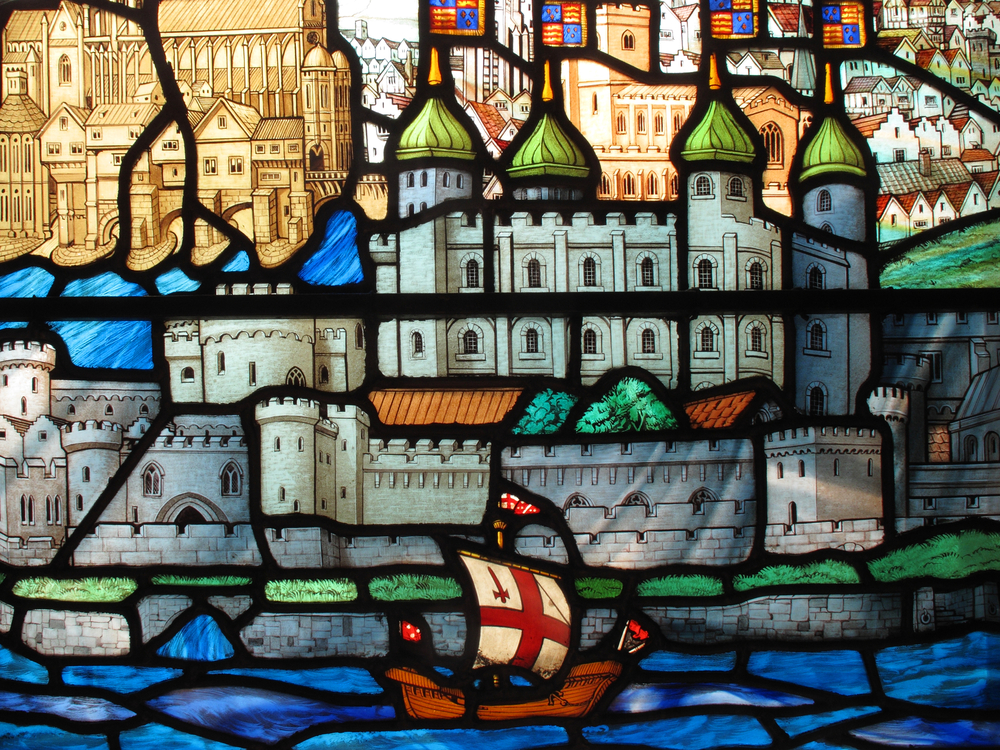Stained glass window of River Thames and Tower of London, located at All Hallows-By-The-Tower church in the City of London.