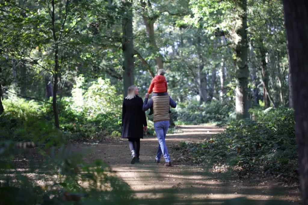 A man and a woman walking through some woods. There's a little boy sat on the man's shoulders.