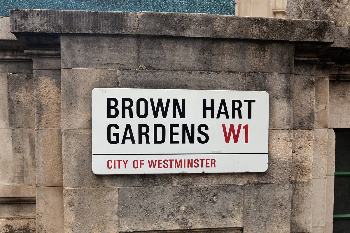 The road sign of Brown Hart Gardens in Mayfair