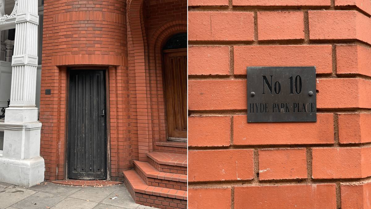 a side by side image of the door to the smallest house in london and the house sign next to it