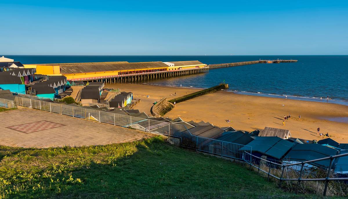 An early evening view from the cliff top over Walton on the Naze, UK in the summertime