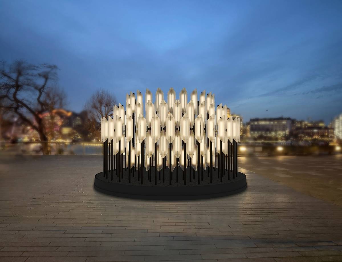 a light installation comprising many identical light fittings arranged in a circular stepped design