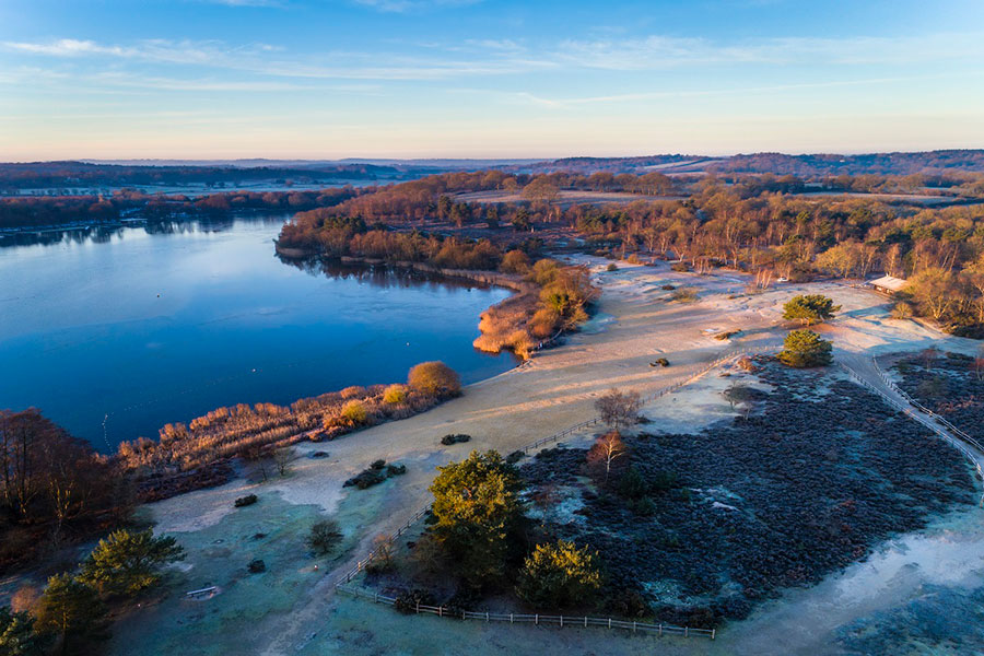 aerial shot of the frensham ponds