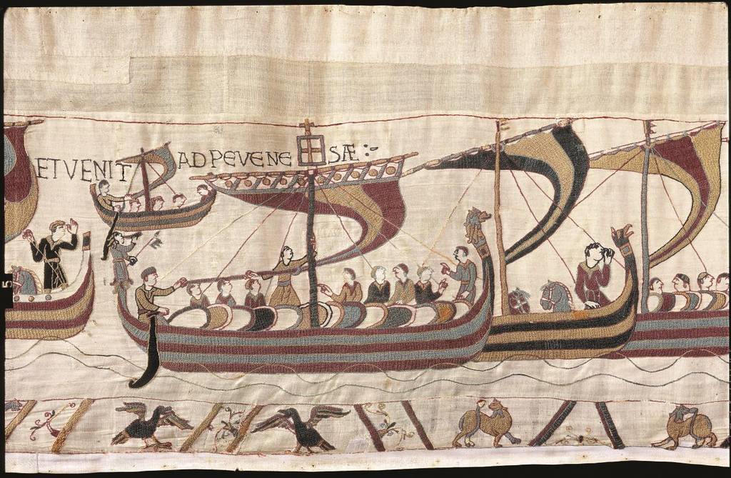 Una imagen en primer plano de una sección del Tapiz de Bayeux