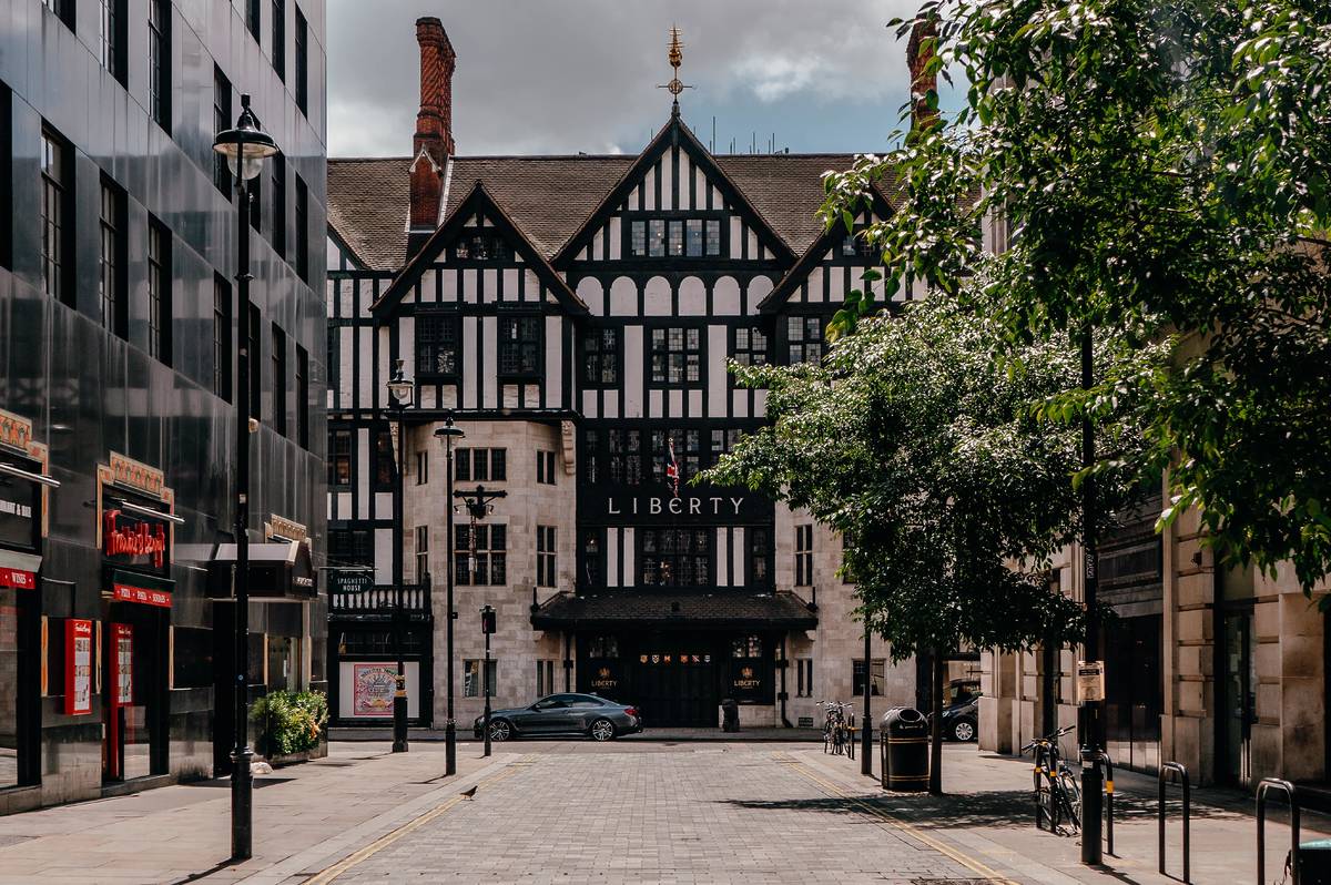 The front of Liberty London - a tudor style building at the end of Carnaby Street in London