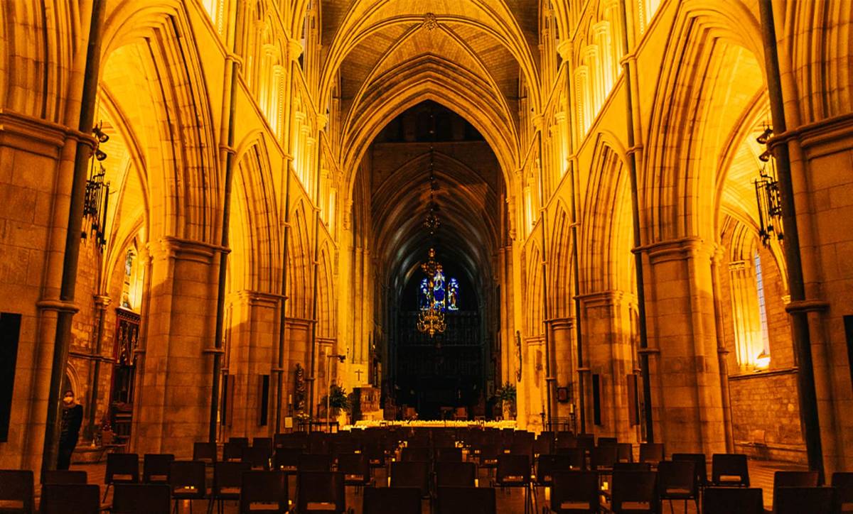 A cathedral lit up for candlelight concerts
