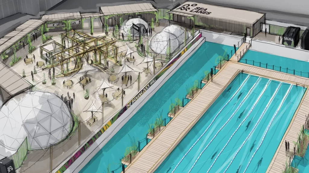 a digital mock up of the sea lanes canary wharf lido