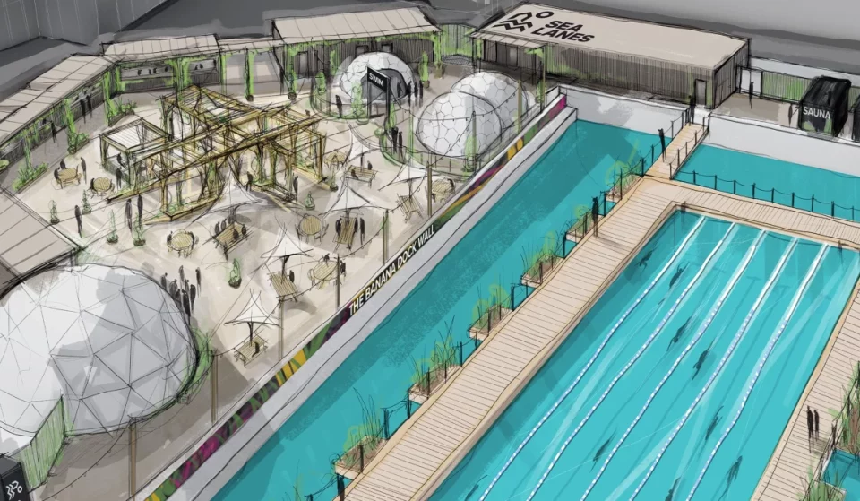 Im Jahr 2026 soll im Osten Londons ein schwimmendes Strandbad von olympischer Größe eröffnet werden – mit ganzjährig gefiltertem Süßwasser, Saunen im Freien und einem Gemeinschaftsclubhaus im neu gestalteten Eden Dock von Canary Wharf