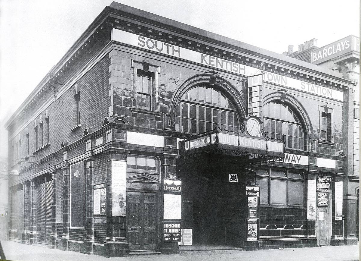 a black and white image of the former South Kentish Town tube station