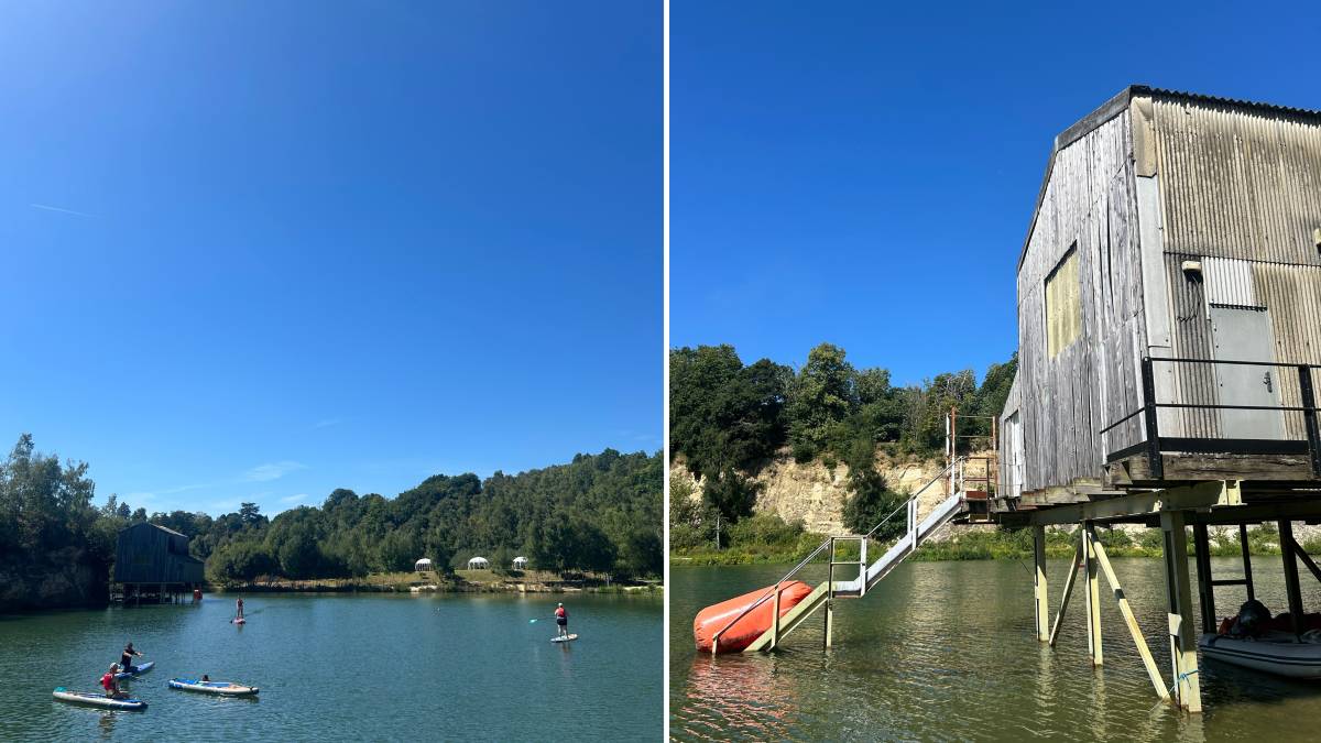 People paddleboarding on Buckland Park Lake (left), a hut on the lake (right)