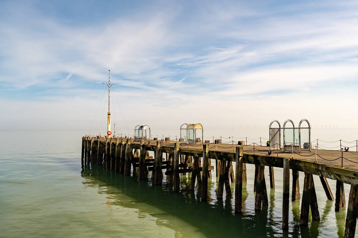 Clacton-on-Sea, Essex, UK – March 20 2024. Wooden jetty only available to Clacton angling club at the end of Clacton pier