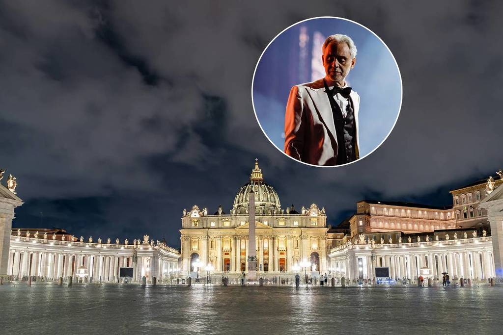 A collage of St. Peter's Square in Rome and famous Italian tenor Andrea Bocelli
