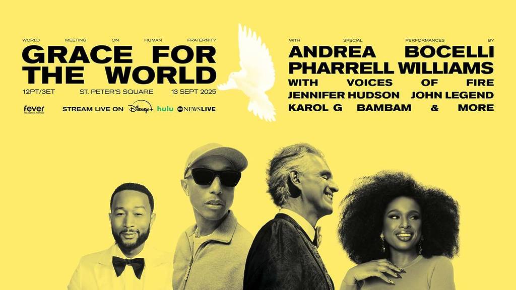 Grace for the World poster featuring John Legend, Pharrell, Andrea Bocelli, and Jennifer Hudson (from left to right)