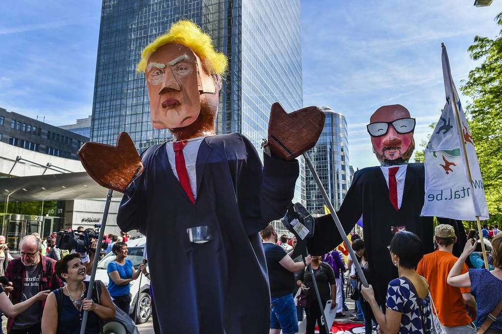 BRUSSELS - BELGIUM - May 24: Protest march Trump not welcome in Brussels on May 24, 2017