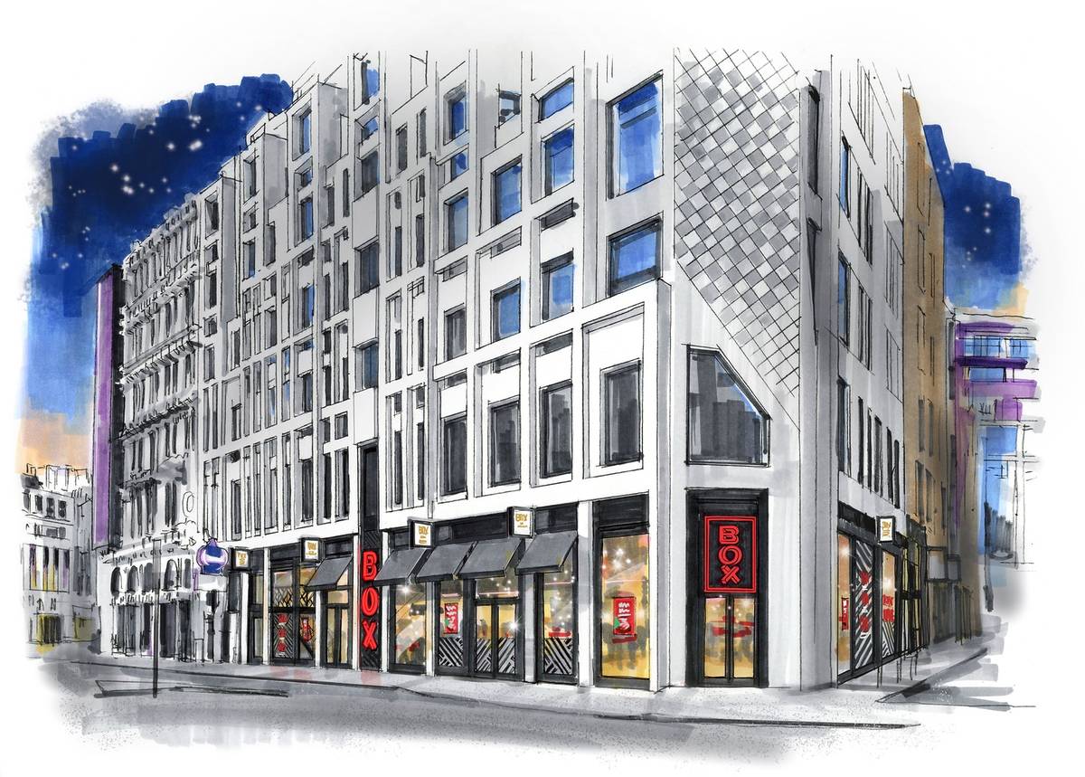 an artist's impression of the new BOX sports bar at the bottom of a tall building in piccadilly london