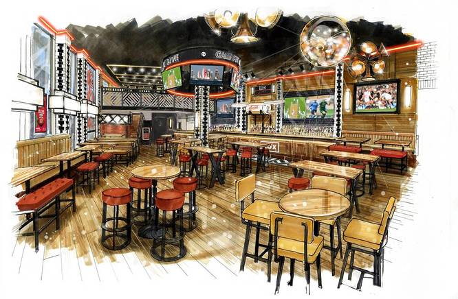 an artist's impression of the new BOX sports bar interiors with chairs and tables scattered around a room with screens playing live sport on every wall