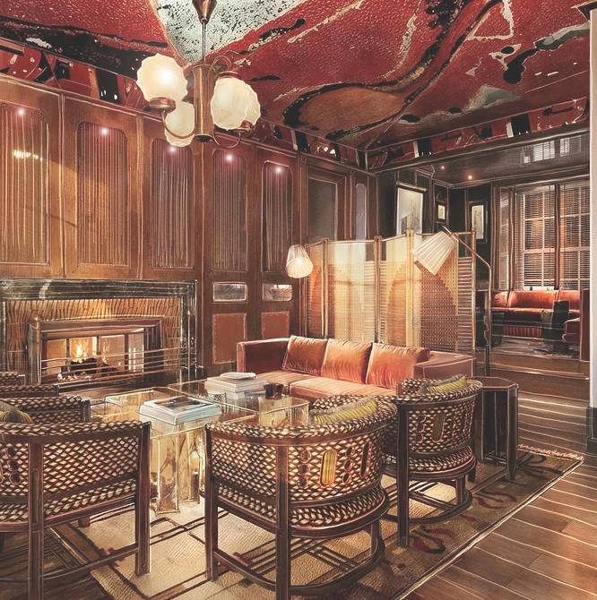 Plush lounge area with fireplace with wood panelled walls