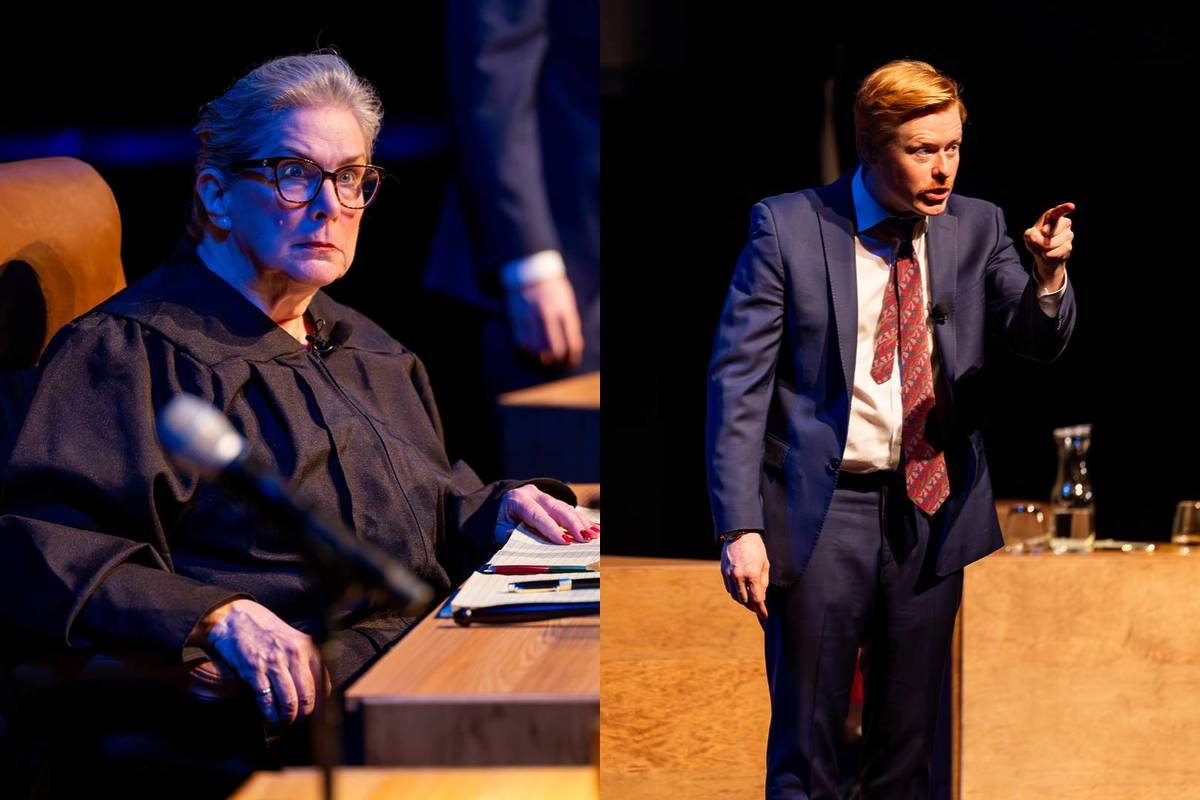 The judge sat behind her desk and a lawyer pointing to the audience at The Jury Expereince