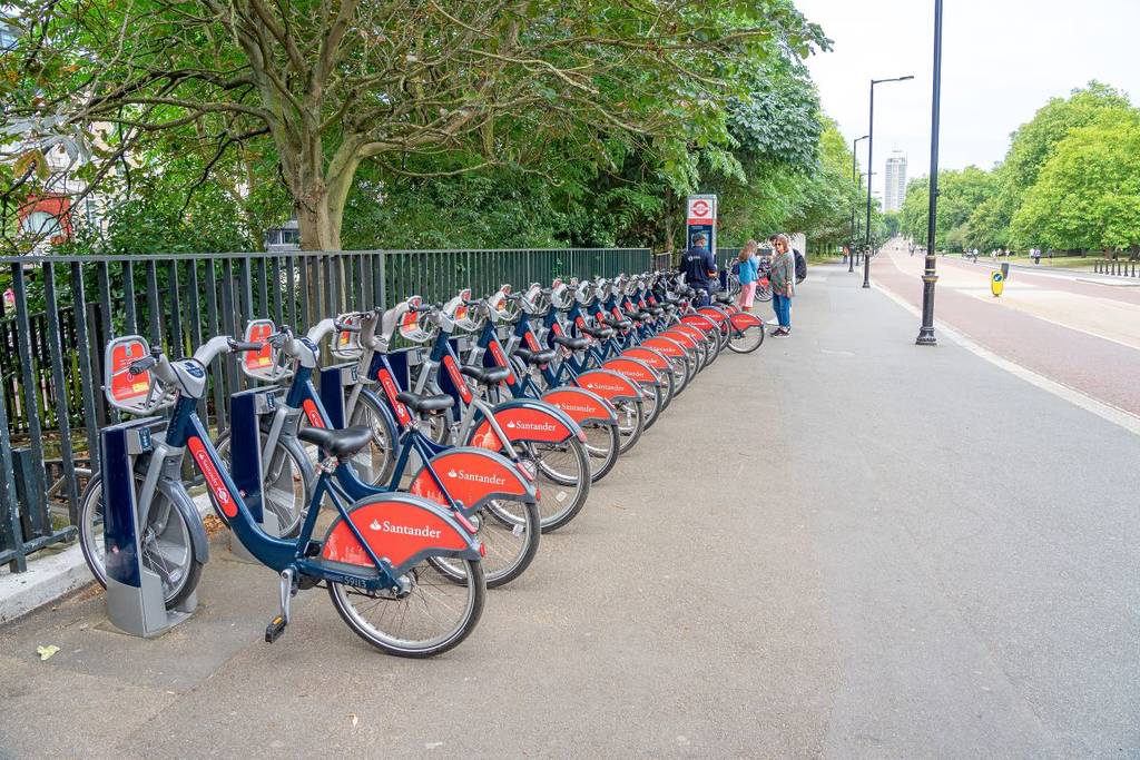 Row of Santander Bikes in London