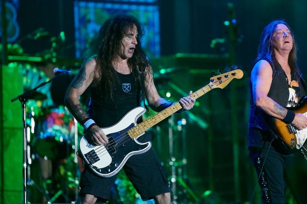 Steve Harris playing with Iron Maiden in 2018