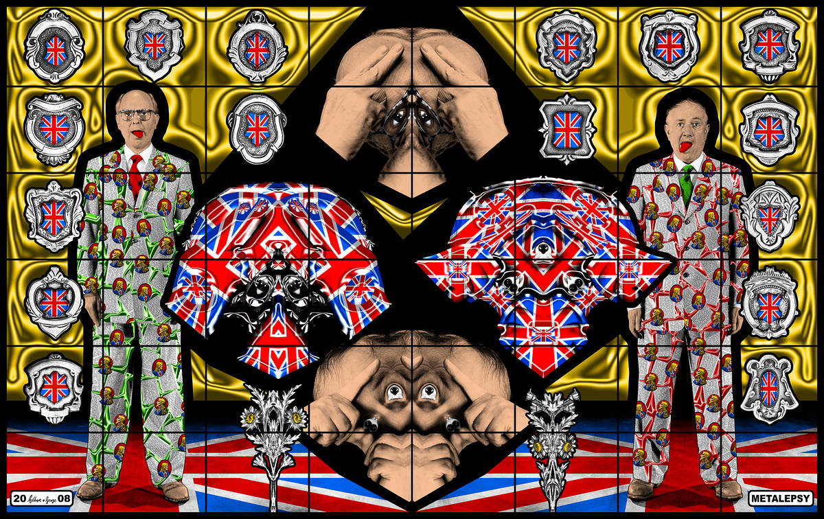 a bright gilbert and george painting with a golden theme and a red white and blue colour scheme portraying the artists amidst takes on the union jack design