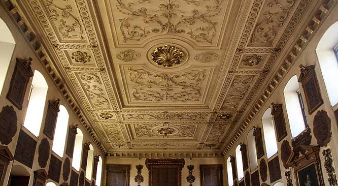 The ornate cieling of The Great Hall at St. Bartholomew's Hospital in London.