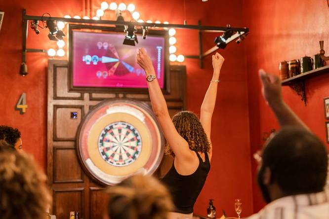 Person celebrating a darts throw at Flight Club